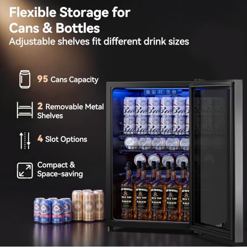 Image of Tehanld 2.5 Cu.Ft Beverage Fridge, Beverage Fridge With Glass Door, Beverage Cooler Refrigerator, Wine Drink Beer Cooler, Adjustable Shelves & Digital Temperature Display, 22 Bottle 96 Can