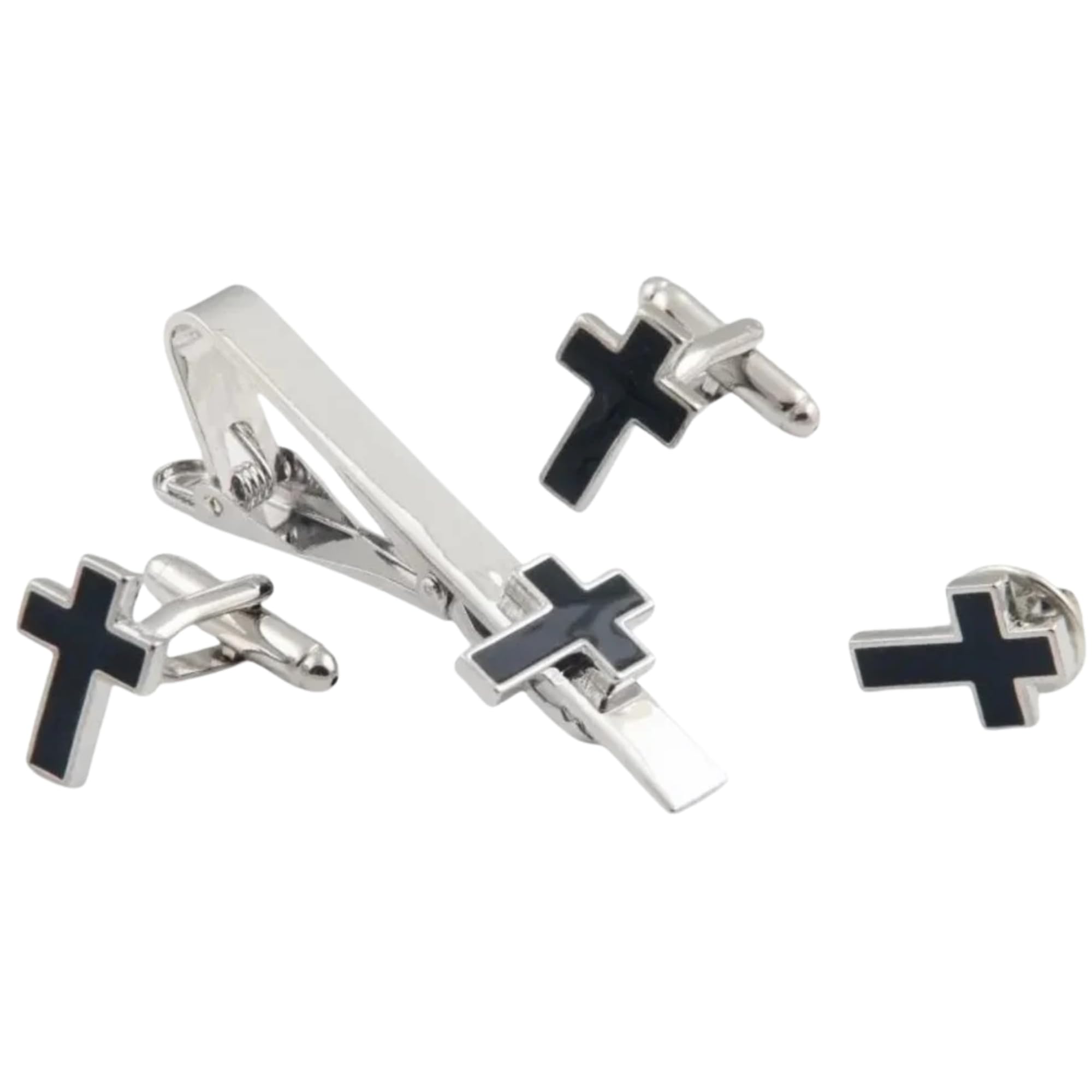 moskai Men’s Black Cross Cufflinks, Tie Pin & Brooch Set | 3-in-1 Christian Accessory Gift Combo | Silver Metal Religious Jewelry for Men | Elegant Formal Suit Accessories for Wedding, Church & Office Wear-picture-21
