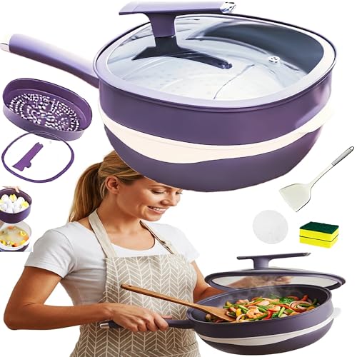 wgzixezn 12in Titanium Alloy Non-Stick Pot with Lid with Steamer 2026 Upgrade Titanium Pot Titanium Frying Pans Nonstick Titanium Pots and Pans, Nonstick Frying Pan Cookware Sets