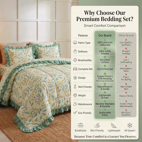 Image of BSB HOME 4 Piece Bed in a Bag Set - Cotton Feel 280 TC Bedsheet with Comforter & 2 Frill Pillow Covers, Soft Luxury Bedding Set for Double /King Size Bed, Ideal Gift Set (French Vanilla)