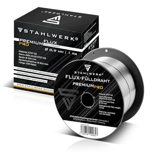 STAHLWERK FLUX Fülldraht Ø 0,9 mm E71T-GS – 1 kg D100-Spule für 16 mm Dorn, universell einsetzbar, selbstschützender Premium Schweißdraht zum Schweißen ohne Gas, geeignet für viele MIG/MAG-Geräte