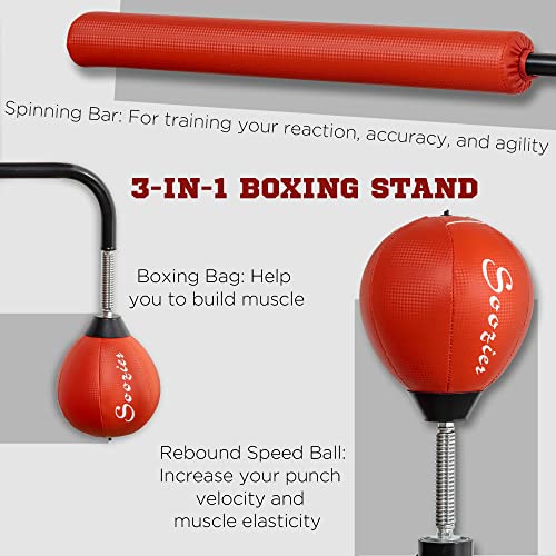 Soozier 4'7" - 6'8" Speed Bag Boxing Bag Stand With Reaction Bar Challenge, Reflex Bag Boxing Training Equipment With Suction Cups, Speed Punching Bag, Mma Equipment, Red #TOP3