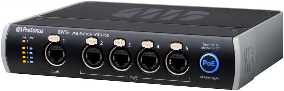 PreSonus SW5E, 5-port AVB switch with PoE for AVB networking consoles, mixers, stageboxes, monitor mixers, loudspeakers