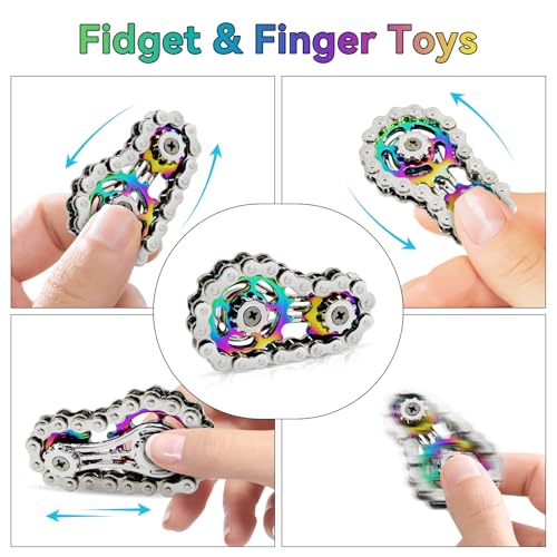 Metall Fidget Spielzeug, Fahrradkette Fidget Spielzeug mit 2 Gängen, Angst Relief Finger Spielzeug Gadgets für Erwachsene (Silber + Farbe)
