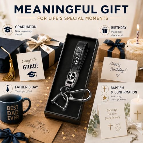 Image of Christian Cross Leather Keychain for Men - Christian Gift for Dad Husband Son