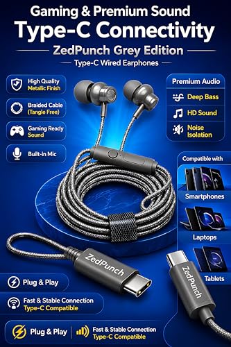 Image of Gaming Type-C Wired Earphone with Mic, 10mm Dynamic Bass Driver, Magnetic in-Ear Headphones, Low Latency Sound for Gaming, 1 Button Control, HD Calling, Voice Assistant, (Gray)