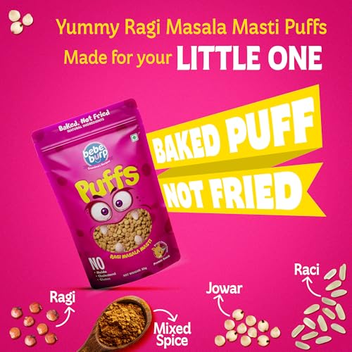 Image of BE'BE' BURP Healthy Puff Snacks | Ragi Masala Masti | Baked Puffs, Not Fried, Protein Snacks | No Maida & Gluten-Free | Travel-Friendly | 35gms Each (Pack of 4)