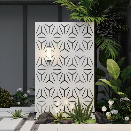 Heavy-Duty Outdoor Privacy Screen for Patio, Balcony, Backyard - 72' H * 44' W Metal Room Divider with Modern Geometric Pattern, Anti-Tipping Kit, Weather Resistant, Easy Assembly (White-SJX)