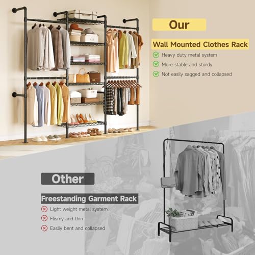 H3 Wall Mounted Closet System, Expandable Industrial Pipe Clothes Rack Clothing Rack for Hanging Clothes, Heavy Duty Closet Organizers and Storage in Wardrobe Closet, Black - Image 6