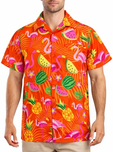 King Kameha Camisa Hawaiana Hombre de Manga Corta, Flamingo Melon, Naranja, M