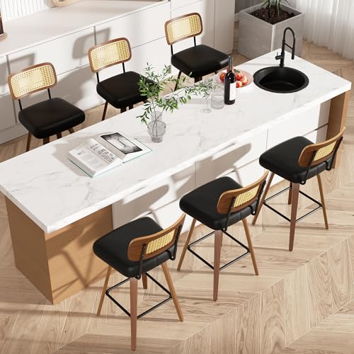 Image of Swivel Bar Stools Set of 6, 26 inch Upholstered Faux Leather Counter Height Barstools with Rattan Back & Bentwood Legs, Mid Century Modern Bar Chairs Island Stools for Kitchen Counter, Black
