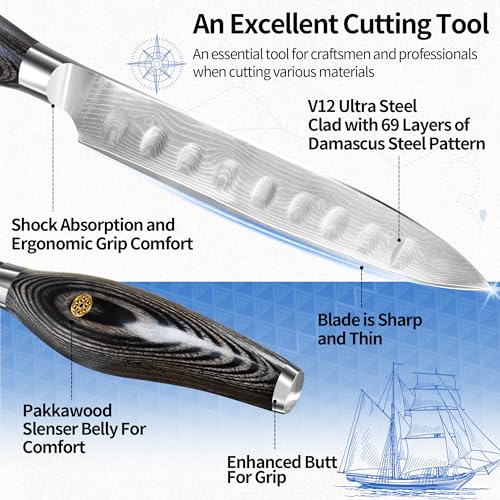 Image of XYJ Professional Damascus Kitchen Knife with Guards Protector,Damascus VG10 Steel Japanese Chef Knives,Meat Vegetable Cutting Knife,Utility Slice Gyuto Knives (5 Inch)