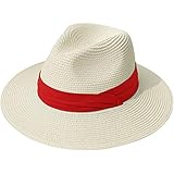 Lanzom Women Wide Brim Straw Panama Roll up Hat Fedora Beach Sun Hat UPF50+ (Z-Red Ribbon Beige)