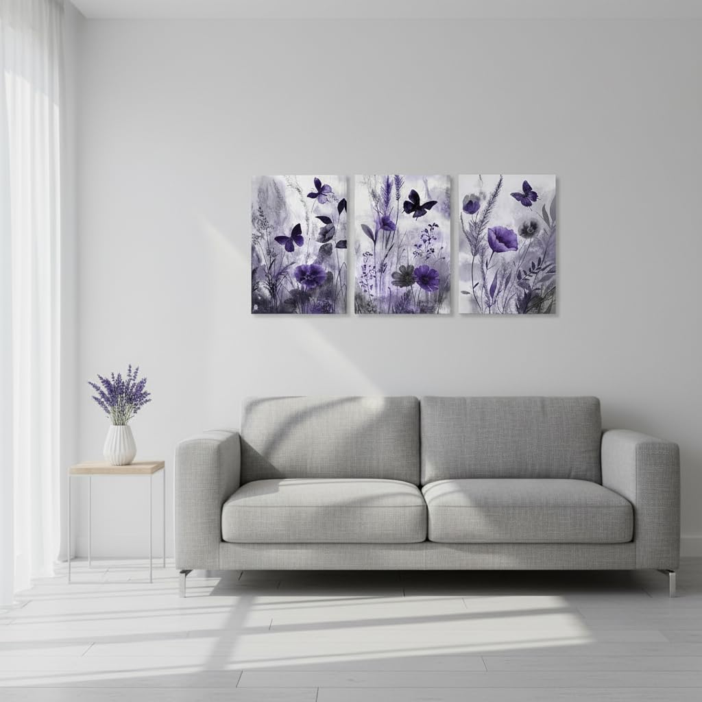 NutArtPic Botanical Canvas Wall Art Framed Wildflower Paintings Poppy Pictures Purple Artwork Minimalist Bedroom Bathroom Kitchen Wall Art(Purple Large)