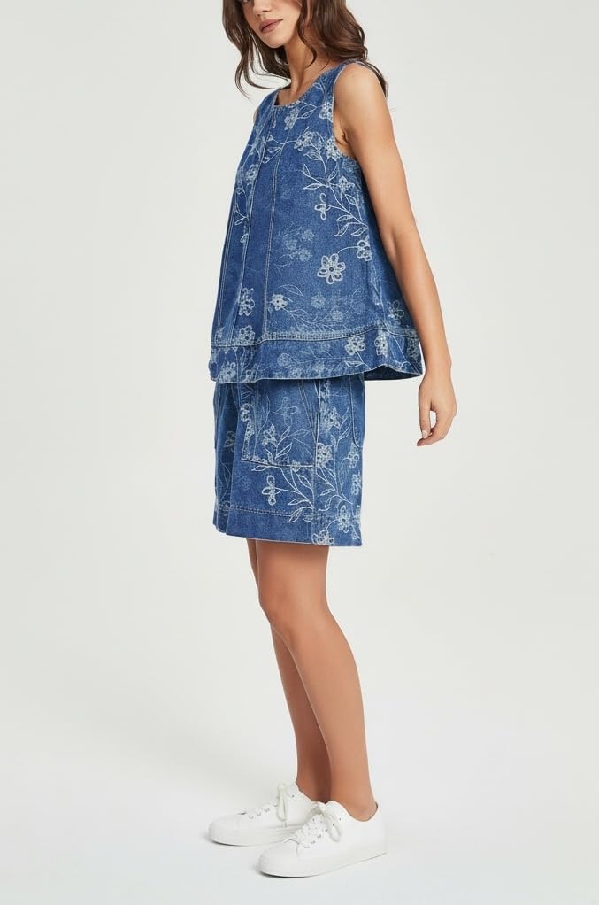 Ladyful Jacquard Denim Sets for Women 2 Piece Outfits Floral Sleeveless Denim Tank Top and Wide Leg Jean Short matching Set - Image 4