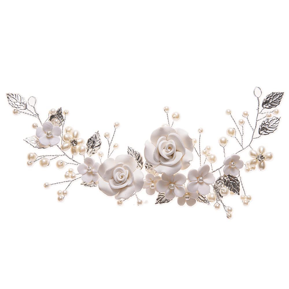 Flower Bride Headband Pearl Rhinestones Headpiece Leaf Crystal Hair Vine Silver Hair Band Wedding Headdress Bridesmaid Hair Accessories for Women Gift Evening Prom Party (silver) - Image 3