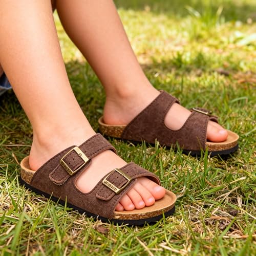 Image of ZUSERIS Kids Toddler Sandals Boys Girls Summer Slides | Soft Cork Footbed, Non-slip,Adjustable Straps,Comfort Suede Leather,Lightweight