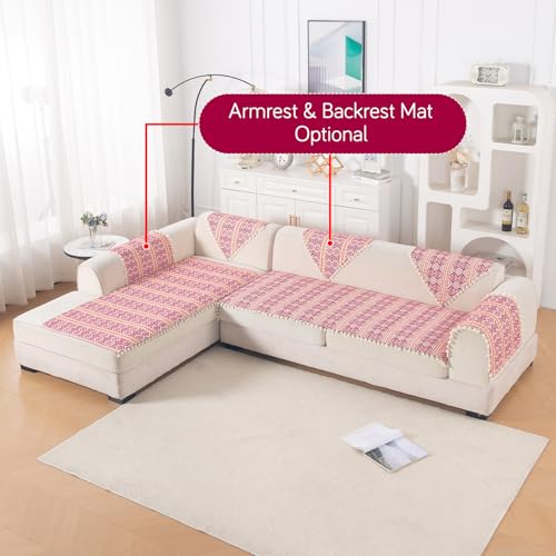 Image of HOKIPO L Shape (2+2 Seater) Sofa Cover Seat Mat | 300 GSM Cotton Acrylic Jacquard Fabric with Tassel, 'Trivana Series' Cherry Red (IN-934+935-J8)