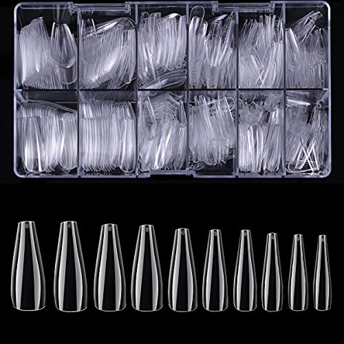 Monja False Nails, 360pcs Coffin Ballerina Shape Press on Nails, Traceless Acrylic Nails Full Cover Tip Clear Fake Nails with Case for Nail Salons Home DIY Nail Art Extension, 12 Sizes Transparency