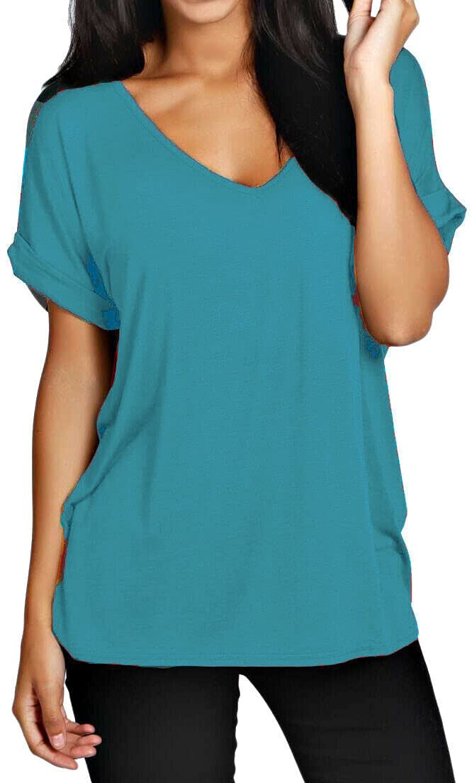 Fairy Trendz Ltd Women's Turquoise Oversize Fit V Neck Top Baggy Plus Size Batwing Turn Up Sleeve Casual T-Shirt Sizes 8-26( Uk 16-18)