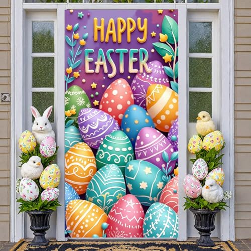 Happy Easter Door Cover Decorations Colorful Easter Egg Welcome Front Door Banner Signs Spring Hanging Porch Backdrop Decor for School Classroom Home Holiday Garden Yard Party Indoor Outdoor Supplies