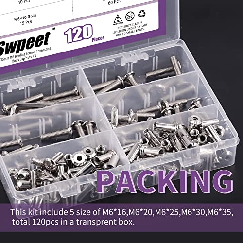 Swpeet 120Pcs M6X16Mm/20Mm/25Mm/30Mm/35Mm Nickel Plated Sliver Hex Drive Socket Cap Bolts Barrel Nuts Kit With 1Pcs Allen Wrench, Screw Post Fit For Furniture Countsunk Belt Leather Binding Bolts #TOP5