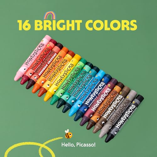 Honeysticks Jumbo Crayons (16 Pack) - Non Toxic Crayons - 100% Pure Beeswax and Food Grade Colors - 16 Bright Colors - Large, Easy to Hold and Use - Preschool Art Supplies for Toddlers/Kids 3-5, 4-8
