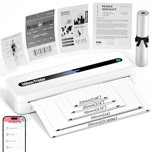 Imprimante Thermique Portable A4 - Imprimante sans Encre Bluetooth 300DPI, Imprimantes Portable sans...