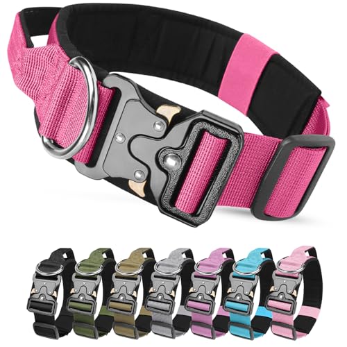 Collare Tattico Cane con Maniglia e Fibbia Metallo, Collare per Cani Regolabile Militare in Nylon, Imbottito Collari per Cani di Taglia Media e Grande Addestramento (Rosso, L)