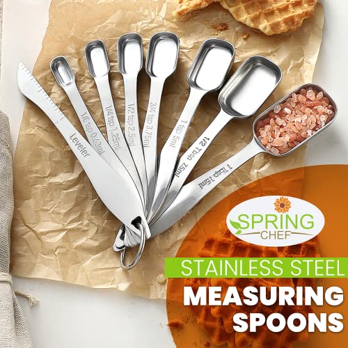 Image of Spring Chef Stainless Steel Measuring Spoons Set of 8 with Leveler, Metal Teaspoon & Tablespoon Measuring Spoons for Dry & Liquid Ingredients, Fits in Spice Jars - Kitchen Gadgets For Baking & Cooking