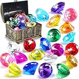 EGKamh Diving Gems Pool Toys, 20 Big Colorful Diamond with Pirate Treasure Chest Box Set, Swim Dive Toy for Kids, for Pool Gift Swimming Training Underwater Gems Toy Water Pool Games Party