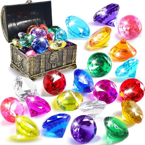EGKamh Diving Gems Pool Toys, 20 Big Colorful Diamond with Pirate Treasure Chest Box Set, Swim Dive Toy for Kids, for Pool Gift Swimming Training Underwater Gems Toy Water Pool Games Party