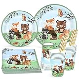【Waldtiere Partygeschirr Set】25-teilig Ø23cm Speiseteller, 25-teilig Ø18cm Dessertteller, 25-teilig V260ml Becher, 25-teilig Waldtiere Servietten, 25-teilig Strohhalme. Ein Waldtiere Pappteller Set aufnimmt genug 25 Gäste auf Kindergeburtstag Deko.