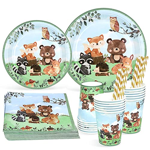 Waldtiere Geburtstag Deko Partygeschirr Set für 25 Gäste, Einweggeschirr Set 125 Stück Pappteller Pappbecher Servietten Strohhalme für Babyparty Kindergeburtstag Deko Junge Mädchen Cover