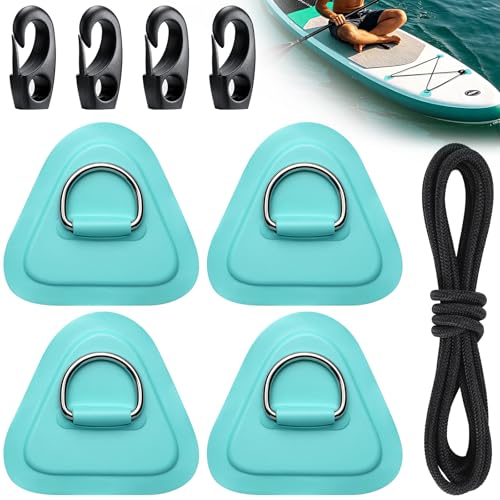 TOBWOLF 4 Pack Stainless Steel Paddle Board D-Ring Patch Kit, PVC Paddle Board Accessories with 12Ft Kayak Bungee Cord Kit for Inflatable Boat SUP Kayak Canoe Dinghy Storage, No Glue Included