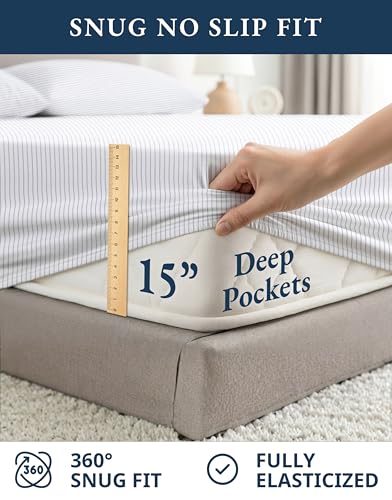 Image of LANE LINEN 100% Organic Cotton Sheet Sets Queen Size, 4Pc Queen Size Cotton Sheets, Hotel Style Sheets, Bedding Sheets & Pillowcases, Queen Sheet Sets Deep Pockets Fits Upto 15 inch - Blue Ticking Stripe