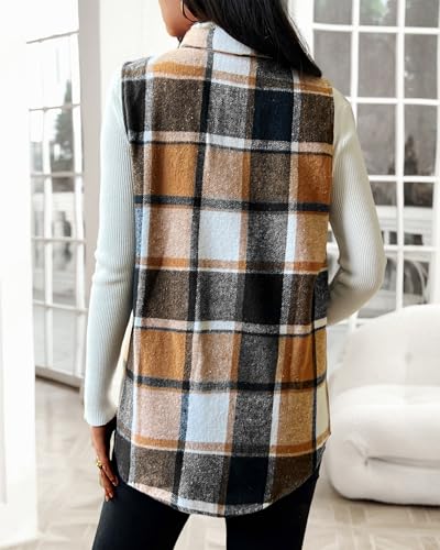 JTI Vest for Women, Flannel Plaid Lapel Neck Sleeveless Outerwear Vests, Button Front with Pockets Casual Jackets2