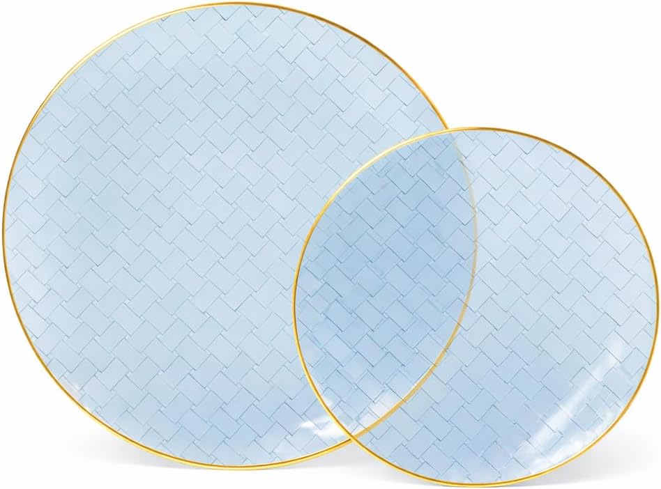 Lillian Tablesettings 192-Piece Tinted Blue Plastic Plates Set, 96×10" Dinner & 96×7" Salad Plates, Heavyweight Disposable Plates with Silver Rim, Elegant Woven Design Dinnerware