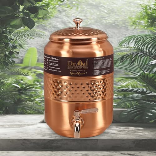 Image of Premium Copper Water Matka, Traditional Hammered Design, Rose Gold, with Tap and Lid, for Drinking Water Storage