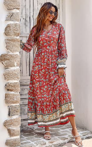 PRETTYGARDEN Long Sleeve Maxi Dress for Women V Neck Casual Button Down Boho Long Floral Dresses