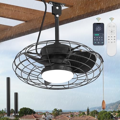 ZMISHIBO Outdoor Ceiling Fans with Light for Patios,Waterproof Gazebo Fan with Remote Control Smart App,3CCT Dimmable,Plug in Caged Ceiling Fan with Pull Chain for Porch Pergola,Black