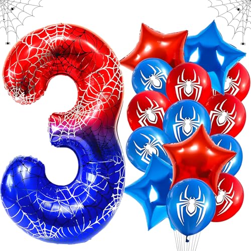 Spider Ballon 3 Ans Anniversaire Numero 3 Ballon Étoile, 15 Pièces Spider Ballons en Aluminium en Forme d'Étoile, Helium Ballons en Latex pour Halloween,...