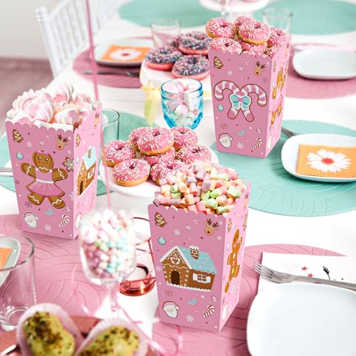 Image of K KUMEED 24 PCS Christmas Popcorn Favor Boxes,Pink Gingerbread Man Christmas Party Supplies,Cute Candy House Popcorn Bowls Popcorn Buckets Popcorn Bags for Kids Christmas Party Decorations