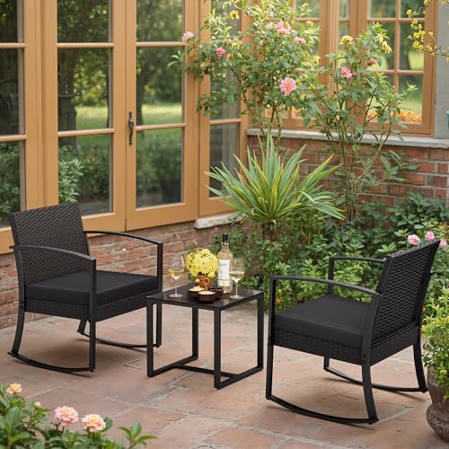 Greesum 3 Pieces Outdoor Furniture Set Patio Bistro Rocking Chairs with Glass Coffee Table for Pool Beach Backyard Balcony Porch Deck Garden, Black - Image 5