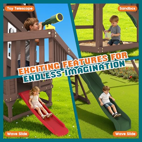 Albott Wooden Swing Set for Kids, Large Outdoor Wood 14-in-1 Playhouse with Double Towers, Wave Slides, Swings, Climbing Wall & Ladder, Backyard Playground for Ages 3–8, 170.5\" D x 287.4\" W x 117\" H - Thumbnail 3