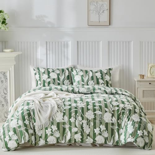 Image of Lekesky Green Floral Duvet Cover Queen Size, Stripes Comforter Cover Queen Size Floral Printed Duvet Set, 3 Pieces Soft Microfiber Bedding Set with Zipper & 8 Ties (Queen, 90 inchx90 inch)