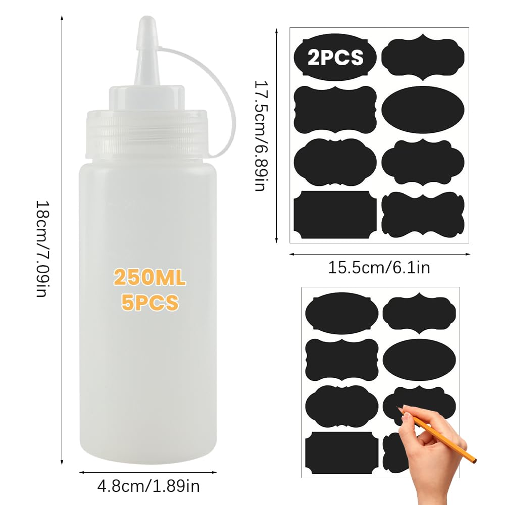 Biberon Cocina,5 Piezas Biberones Cocina 250ml,con 2 Escala, Bpa Sin Fugas, a Prueba de 2 Hojas de Papel de Etiqueta, para Ketchup, Mostaza, Mayonesa, Aceite de Oliva (8 OZ)