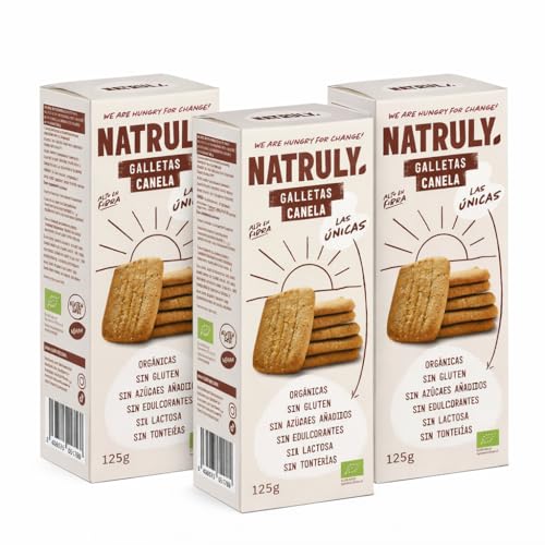Pack 3 x Galletas con Canela Natruly Bio 125 g (375 g) | Ecológicas, veganas y sin gluten | Sin azúcares añadidos, sin edulcorantes y sin lactosa, snack crujiente