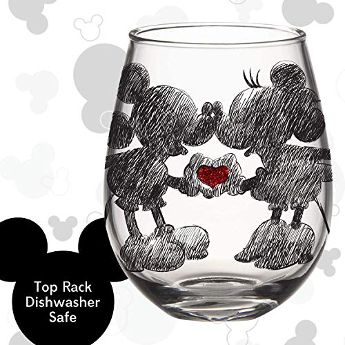 Silver Buffalo Disney Mickey And Minnie Classic Heart Glitter Stemless Wine Glass, 20 Ounces #TOP3