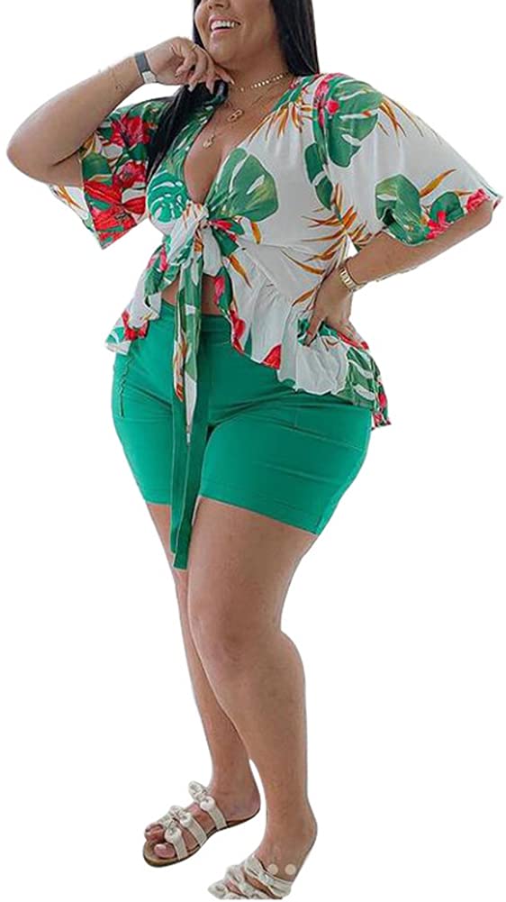 BFFBABYPlus Size 2 Piece Outfits for Women Summer Boho Ruffle Crop Top Shorts Set Floral Print Beach Cover Up